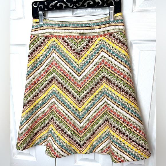 Vtg NANETTE LEPORE A-line Chevron Skirt Tweed Colorful Metallic Brown Green Tan - Picture 8 of 8